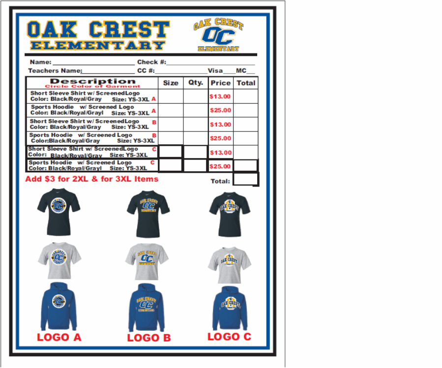 Oak Crest T-Shirt Order Form - Mr. Cappozzo's Classroom